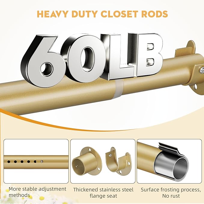 1.3 Inch Diameter Closet Rods for Hanging Clothes 17-87 Inch Adjustable, Metal Heavy Duty Closet Pole, Gold Closet Bar for Hanging Clothes, Suitable for Closet, Wardrobes, Bathroom, Windows