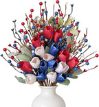 Idyllic 6 Pcs Patriotic Floral Stems with Sage Lamb's Ear, Red White Blue Berries & Tulips | 4th of July Memorial Day Wreath Decor