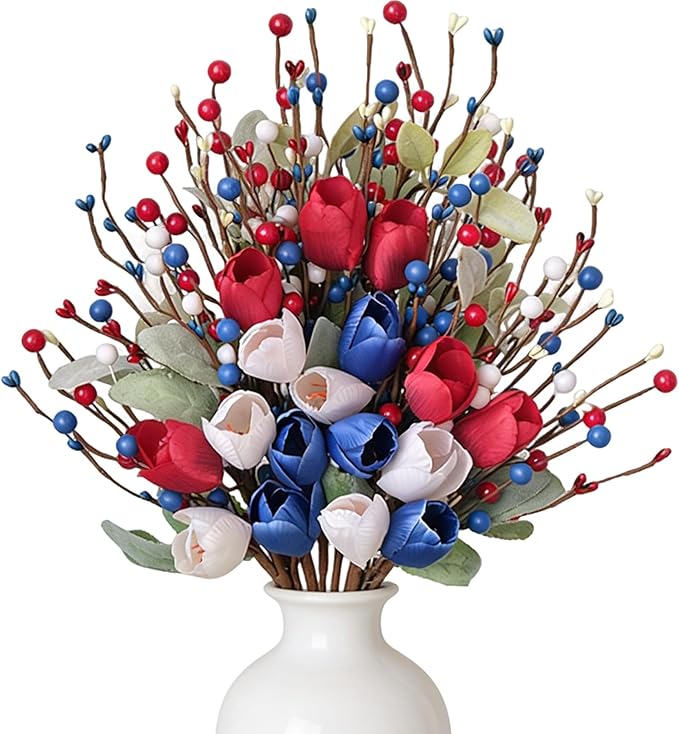 Idyllic 6 Pcs Patriotic Floral Stems with Sage Lamb's Ear, Red White Blue Berries & Tulips | 4th of July Memorial Day Wreath Decor