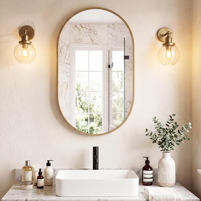 Sweetcrispy 20" x 30" Gold Bathroom Mirror for Wall, Oval Wall Mirrors with Metal Frame, Tempered Glass, Modern Vanity Mirror for Over Sink, Living Room, Bedroom, Entryway, Horizontal or Vertical