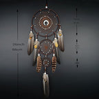Bohemian Brown Dream Catcher with Moon Accent, Multi-Rings & Natural Feathers – Handmade Native American Style Wall Decor for Bedroom, Living Room, Boho Home Decoration & Gift(Brown 3 Rings)