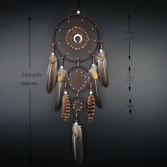 Bohemian Brown Dream Catcher with Moon Accent, Multi-Rings & Natural Feathers – Handmade Native American Style Wall Decor for Bedroom, Living Room, Boho Home Decoration & Gift(Brown 3 Rings)