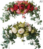 30 Inch Artificial Flower Swag, Wedding Artificial Peony with Green Leaves Swag, Handmade Flowers Backdrop Table Runner Centerpiece Garland for Arch Front Door Wall Home Hanging Wreath Decor(Green)