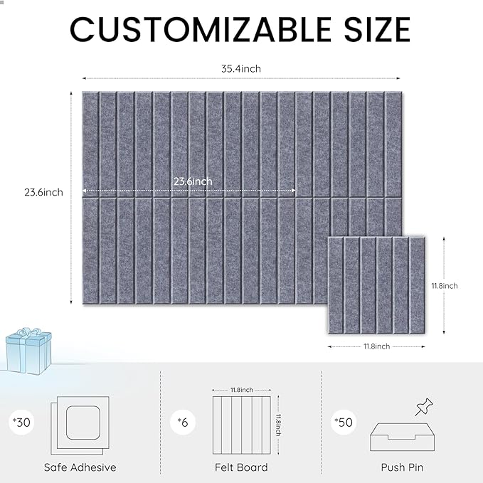 Large Cork Bulletin Board for Wall 36"x24", 6 Pack Felt Slat Wall Panel Tiles with 30 Pushpins, 25 Safe Removable Adhesive Tabs, Decorative Pin Board Tack Board for Office Home School
