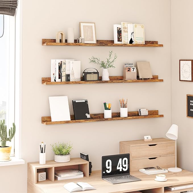 HOOBRO Floating Shelves, Wall Shelf Set of 3, 47.2 Inches Hanging Shelf with Raised Edge and Invisible Brackets, for Bathroom, Bedroom, Kitchen, Office, Living Room Decor, Rustic Brown BF92BJ01