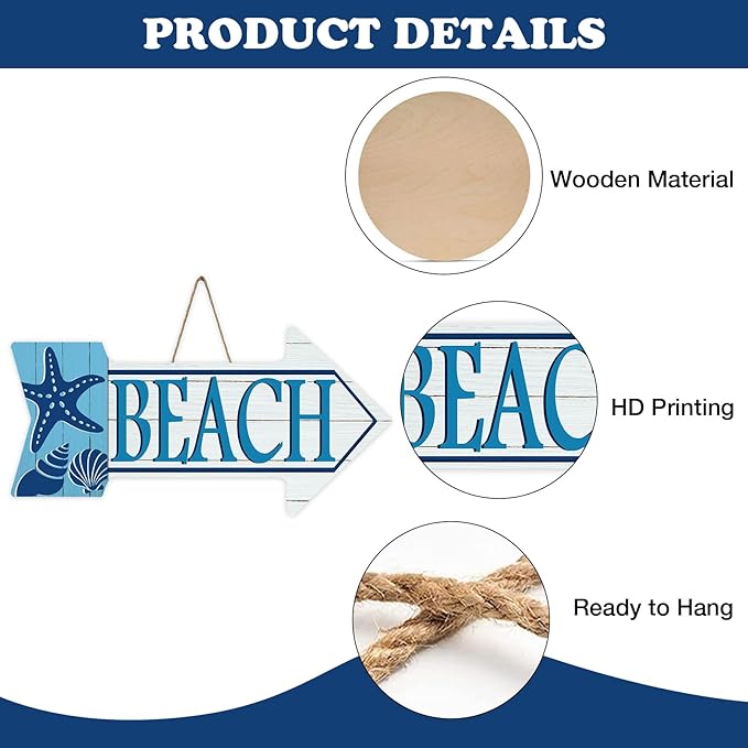 Coastal Beach Arrow Front Door Sign, Summer Nautical Sea Starfish Conch Shell Wood Plaque Hanger Outdoor Outside Porch Home Decor, Ocean Farmhouse Wooden Wreath Indoor Wall Hanging Decoration