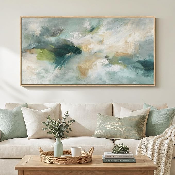 Large Framed Sage Green Abstract Wall Art for Living Room, Modern Teal Horizontal Canvas Prints Paintings Artwork for Walls, Contemporary Pictures Wall Decor for Bedroom Dining Room Office, 30x60 In