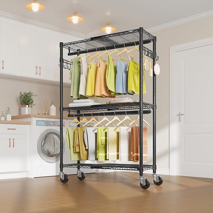 VIPEK R2X Expandable Portable Closet with Lockable Wheels, 600lbs Capacity Heavy Duty Rolling Clothes Rack w/Adjustable Shelves & Hanger Rod (2' to 3'5"), Metal Clothing Rack for Small Spaces (Black)