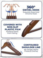 Smartor Wooden Hangers 20 Pack, Solid Wood Coat Hanger for Closet, Heavy Duty Wood Hangers for Suits, Shirts, Dresses, with 360° Rose Gold Hook, Non Slip Pant Bar, Walnut