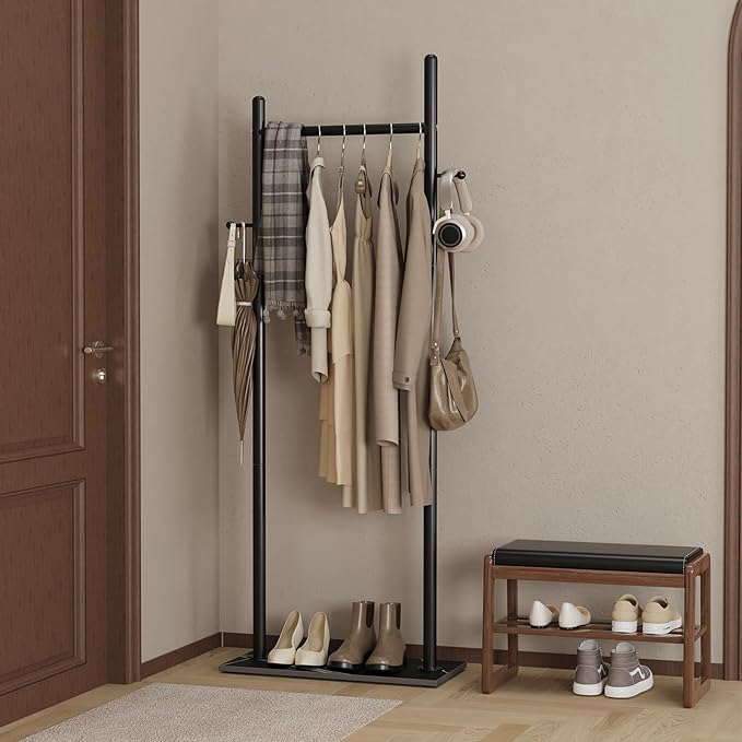Nianerfaya Clothes Rack with 2 Hooks, Standing Garment Storage for Indoor - Clothing Rack for Hanging Clothes for Bedroom - 19.7" Wide Garment Rack Metal Clothing Hanger Rack (Black)