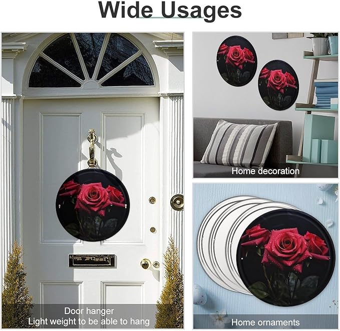 Wall Picture, with Red Rose and Black Leaves Printed Circular Iron Hanging Picture,Wall Art Decor,Home for Bedroom Living Room Bathroom Decor,Iron Painting 11.8X11.8 in