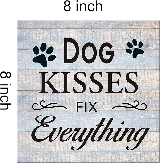 Funny Farmhouse Dog Canvas Wall Art Decor Dog Kisses Fix Everything Rustic Sign Painting Plaque Vintage Animal Pictures Print Home Decoration (8 X 8 Inches, Framed)