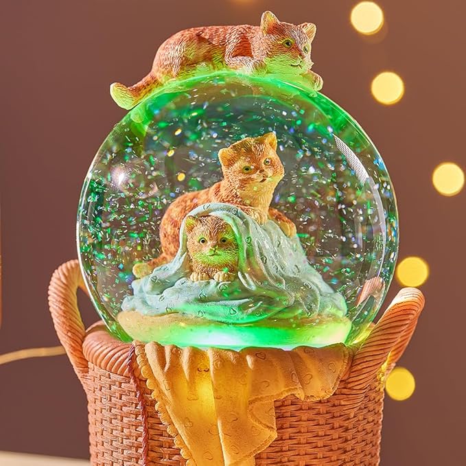 LOVE FOR YOU Gift Wrapped Music Box Cat Lovers Flower Basket Musical Snow Globe Decoration for Girls and Women Kids Niece Sister Daughter Mom Granddaughter Grandma Christmas Birthday Present