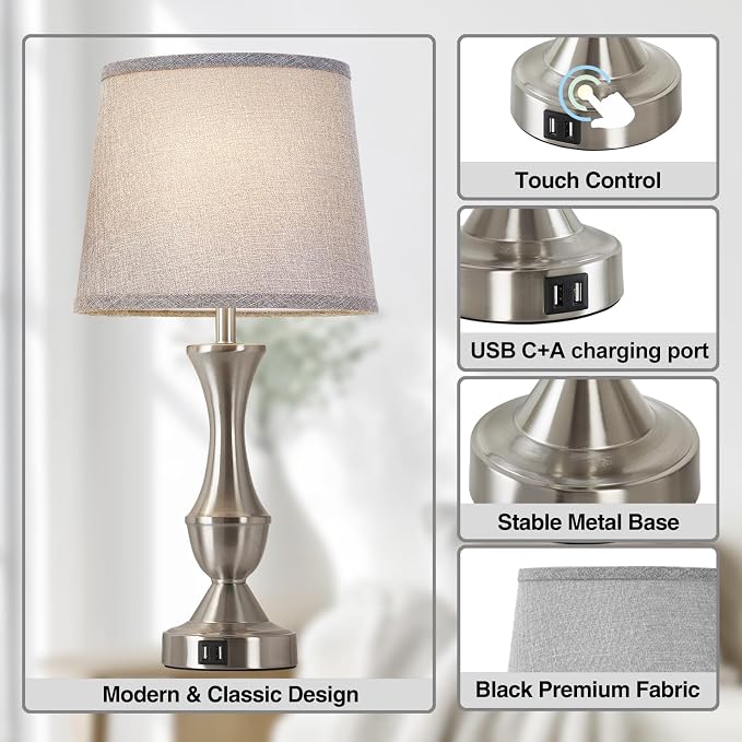 Touch Table Lamps Set of 2, 22" Tall Bedside Lamps, Nightstand Lamps with USB C+A Charging Ports, Dimmable Lamp for Bedrooms, Living Room, Office, Silver Lamp with Grey Lampshade, Bulbs Included