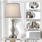 Touch Table Lamps Set of 2, 22" Tall Bedside Lamps, Nightstand Lamps with USB C+A Charging Ports, Dimmable Lamp for Bedrooms, Living Room, Office, Silver Lamp with Grey Lampshade, Bulbs Included