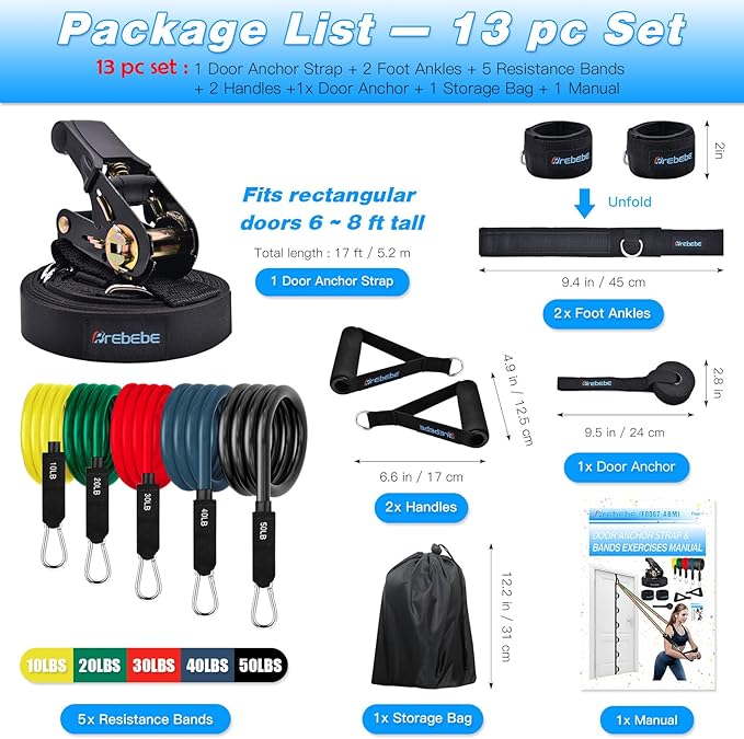 Brebebe Upgrade Door Anchor Strap for Resistance Bands Exercise, Multi Points Anchor Straps with 7 Loops+ 7 D Rings, Home Gym Workout Equipments with Ratchet Adjust Tighten Straps Not Loose, Sturdy