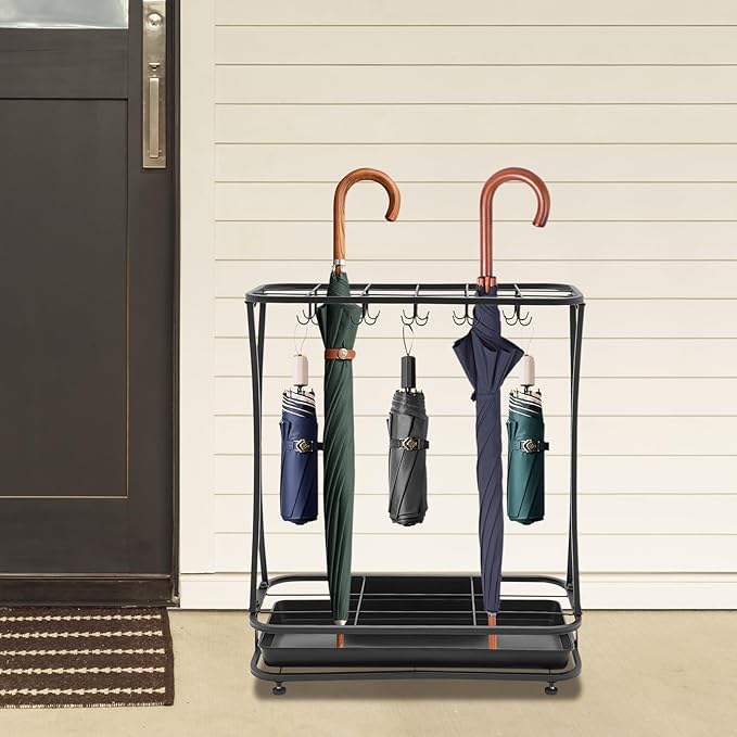 Large Capacity Umbrella Organizer, Industrial Free Standing Umbrella Rack Umbrella Display Rack with Removable Drip Tray, 18 Slots 10 Hooks for Entrance Home Office Patio Decoration, Black