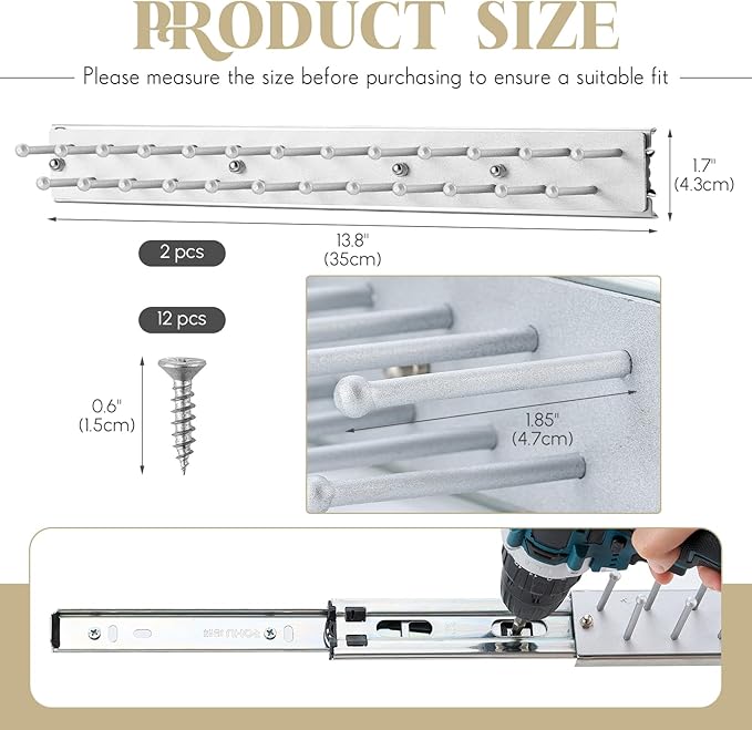 Blulu 2 Pcs 13.8'' Sliding Tie Rack Hangers for Closet, 25(Total 50) Tie Pull Out Wall Mounted Extending Sturdy Metal Belt Organizer Holder for Men Belt Storage, Sliver