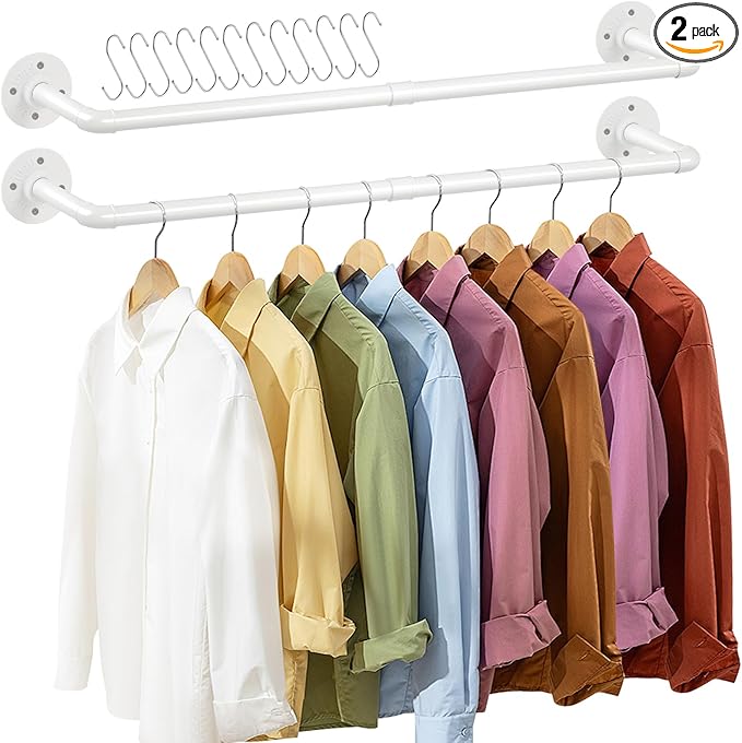 ERYTLLY Industrial Pipe Wall Mounted Clothes Rack,38 Inches Heavy Duty Detachable Garment Rack,Multi-purpose Hanging Rod for Closet,Set of 2,White