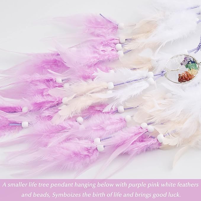 Dreamlike Butterfly Tree of Life Dream Catcher Wall Decor Purple Dream Catcher with Crystal Stone Handmade Feather Dreamcatchers Home Decor Wall Hanging for Girls Bedroom Wedding Craft Gift-29.5"