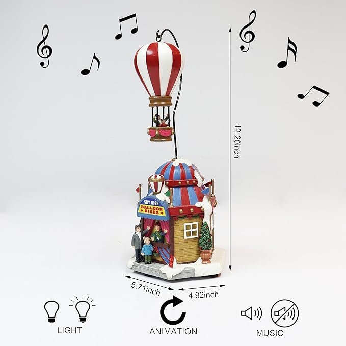 MOMENTS IN TIME Christmas Village Sky High Hot Air Balloon Rides 12.2”H Animated Lighted Musical Scene Battery Operated Polyresin Holiday Décor Festive Tabletop Collectible Gift