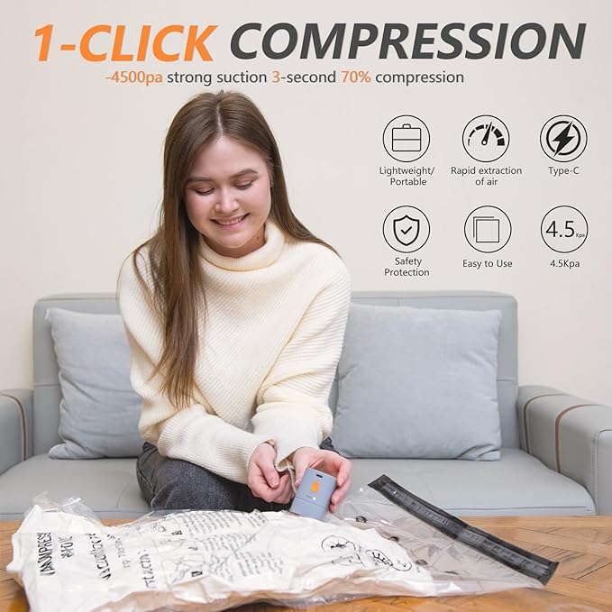 Fast-Charging Wireless Pump and 9 Pack Vacuum Compression Storage Bags,Multi-Size Combo 70% Space Saving for Clothing, Bedding & Seasonal Storage & Space Saver for Luggage