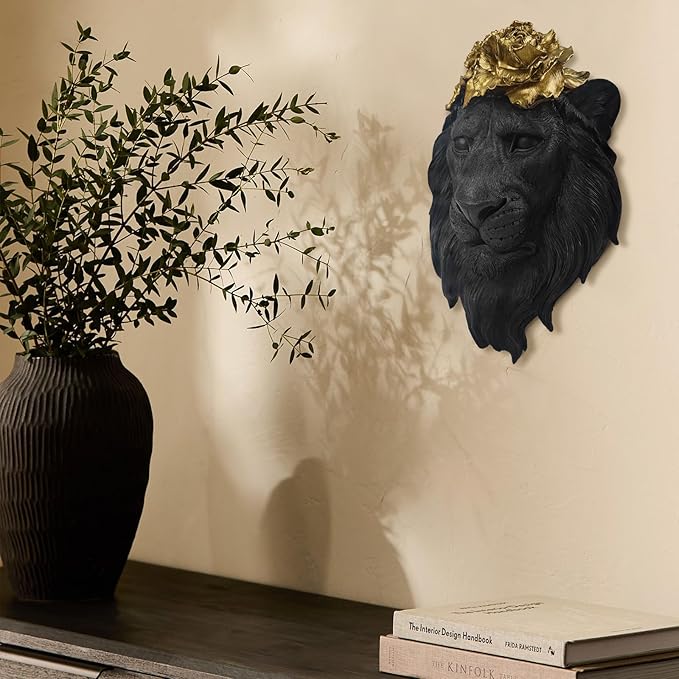 GUSFREUD Black Animal Heads Sculptures Wall Art - Resin Faux Lion for Home Wall Decor, Lion Wall Hanging Decoration for Living Room, Bedroom & Kitchen, Unique Gift Idea