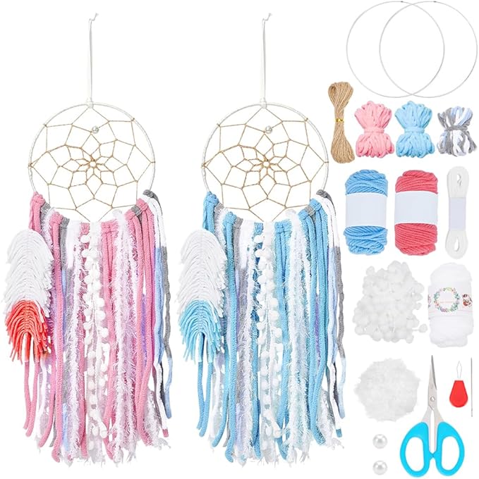 DIY Two-Color Dreamcatcher Kit 2 Set 19.69“ x 5.91“ Boho Pink Blue Wool Yarn Handmade Dream Catcher for Beginners, Dream Catcher for Women Gifts DIY Wall Decor for Bedroom, Livingroom