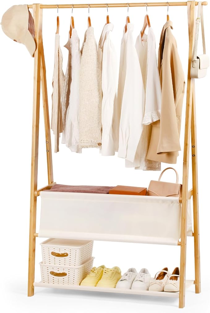 Bamboo Clothes Rack with Storage Box and Storage Shelf, Portable Extra Large Garment Rack Clothing Rack, Foldable Wardrobe For Entryway and Bed Room (M - 39.4 Inch)