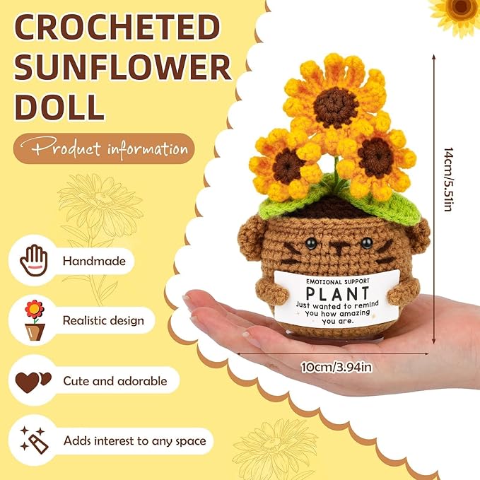 Positive Sunflower Doll Crochet with Card, Inspirational Gifts for Mother's Day Coworker Teachers Women Men Friend Daughter, Emotional Support Crochet Appreciation Gifts for Mom Birthday