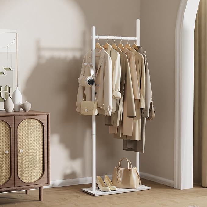 Nianerfaya Coat Rack with 2 Hooks, Standing Garment Storage for Indoor - Coat Tree for Hanging Clothes for Bedroom - 19.7" Wide Heavy Duty Clothe Rack Metal Clothing Hanger Rack (White)