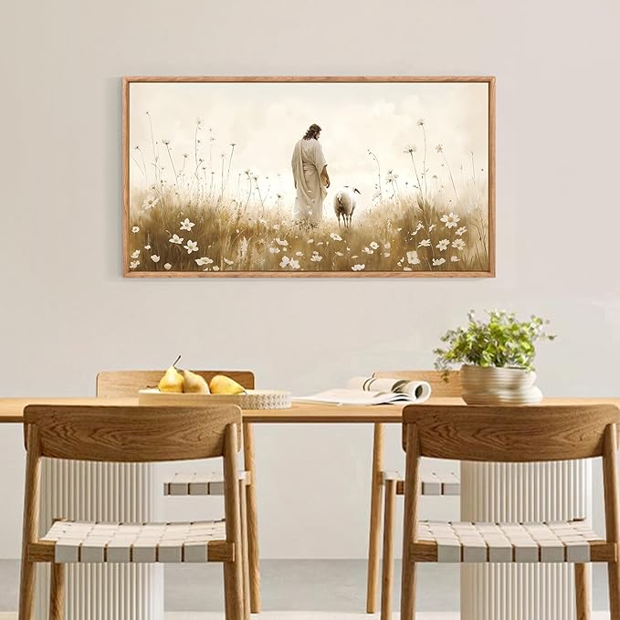 KAIRNE Jesus Canvas Wall Art,Lost Sheep Prints,Neutral Beige Wildflower Wall Decor,Framed Christian Scripture Wall Art,Religious Inspirational Artwork for Living Room Bedroom Church Decor,20X40 inch