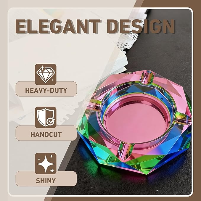 Coomin 5.9in Large Crystal Glass Ash Tray, Sparkly Cigarettes Cigar Ashtray, Ashtrays for Smokers Indoor Women Home Desktop Tabletop Decoration, Gifts for Women, Pink