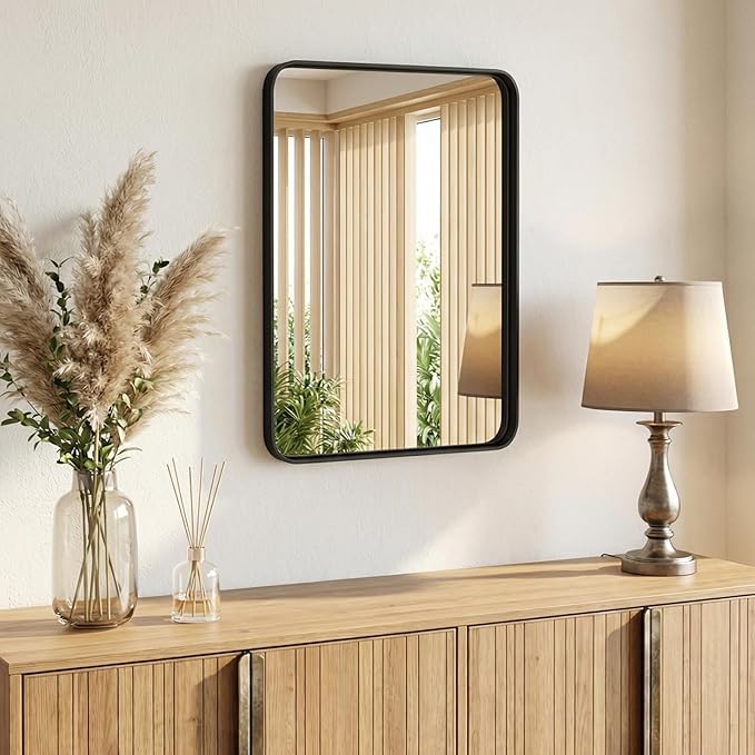 Sweetcrispy Bathroom Wall Mirror, 30x22 Inch Wall Mount Mirror for Over Sink, Modern Rounded Rectangle Vanity Mirrors with Matte Metal Framed, for Home Decor, Living Room, Bedroom, Black