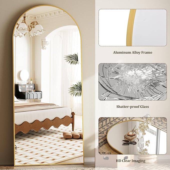 Prywot Full Length Mirror, Oversized 86"x46" Arched-Top Floor Mirror, Free Standing Mirrors, Modern Full Body Mirrors with Aluminum Alloy Frame for Bedroom,Living Room, Gold