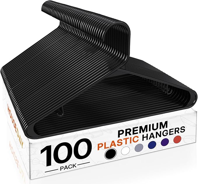 HOUSE DAY Black Plastic Hangers 100 Pack, Plastic Clothes Hangers with Built-in Hooks, Durable and Strong Coat Hangers for Closet, Space Saving Clothing Hanger for Shirts, Coats, Skirt, Dress