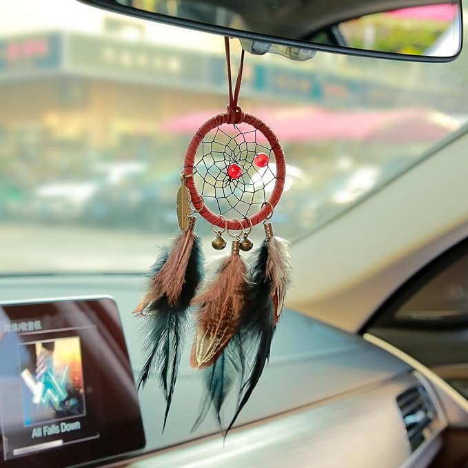 Dream Catcher for Car, Handmade Bohemian Style Rearview Mirror Hanging Decor with Feathers & Beads, Good Luck Charm for Safe Travel, Car Accessories for Women