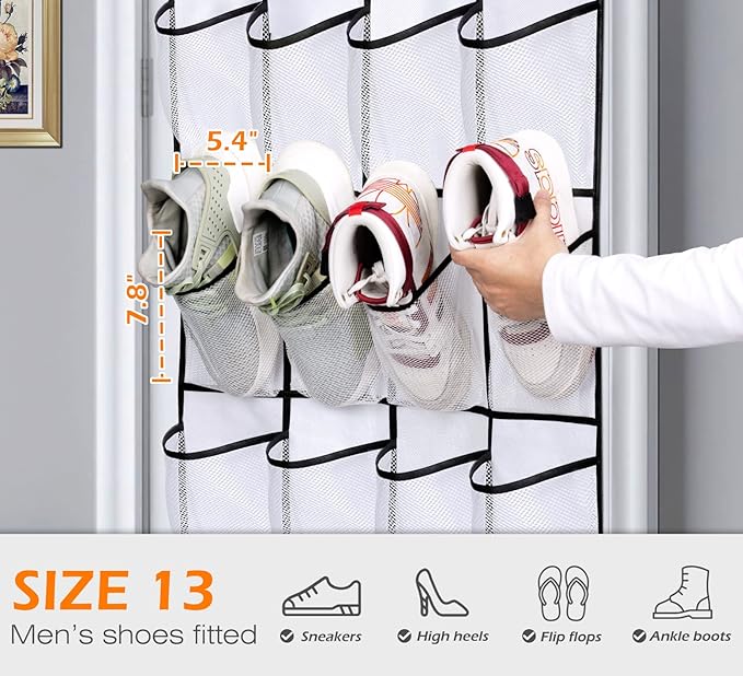 MISSLO Over The Door Shoe Organizer 24 Large Mesh Pockets, White