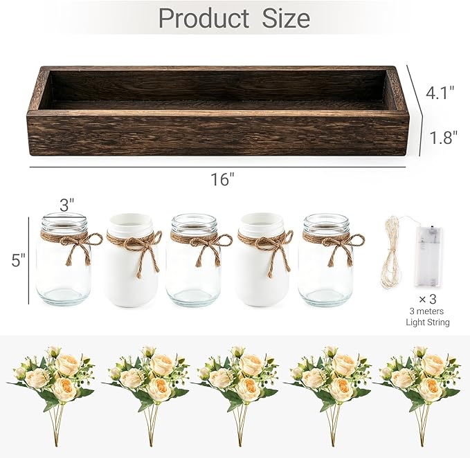 Mkono Mason Jar Lights Centerpiece Table Decor for Dining Room Farmhouse Wood Tray with Flowers Valentines Day Decoration for Coffee Table Kitchen Living Room Wedding