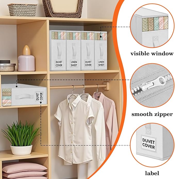 WOWBOX Sheet Organizers and Storage,Closet Bed Sheet Organizer Under Bed Storage and Organization with Label Cards & Clear Window for Bedding Sheets,Duvet Covers,Blankets (3 Pack，White)