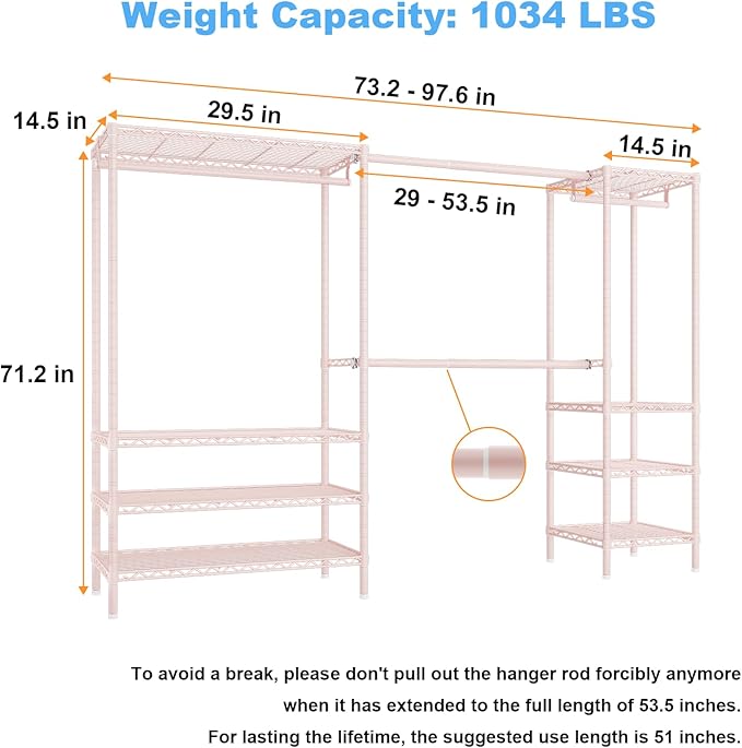 Ulif E11 Heavy-Duty Garment Rack, Metal Freestanding Clothes Rack and Closet Storage Organizer System with 8 Shelves and 4 Hanger Rods, (73.2-97.6)" W x 14.5" D x 71.2" H, Load 1034 LBS, Pink