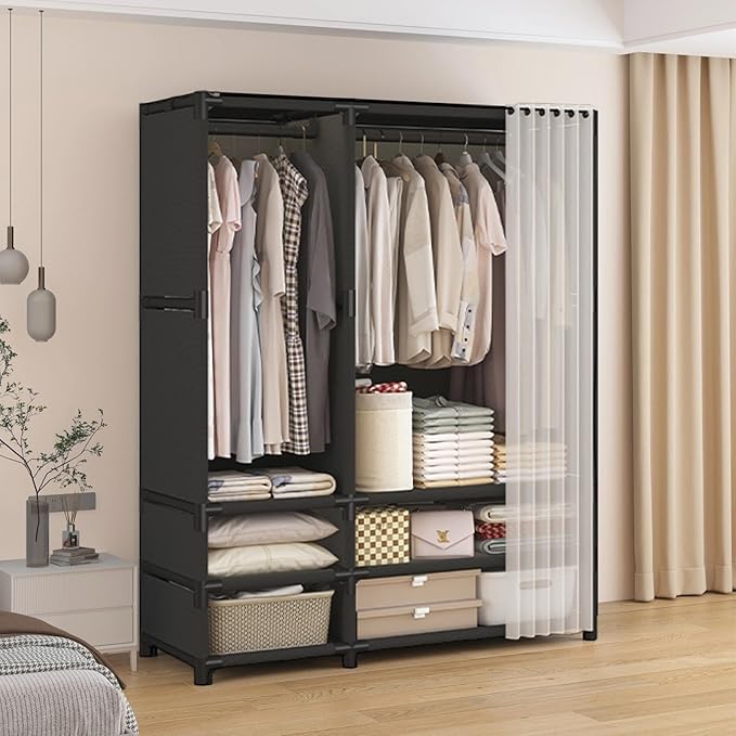 Portable Closet,Portable Closets for Hanging Clothes,Japanese Style Wardrobe with 2 Hanging Rods,6 Storage Shelves,43.3" L x 17.7" W x 65.1" H,Black