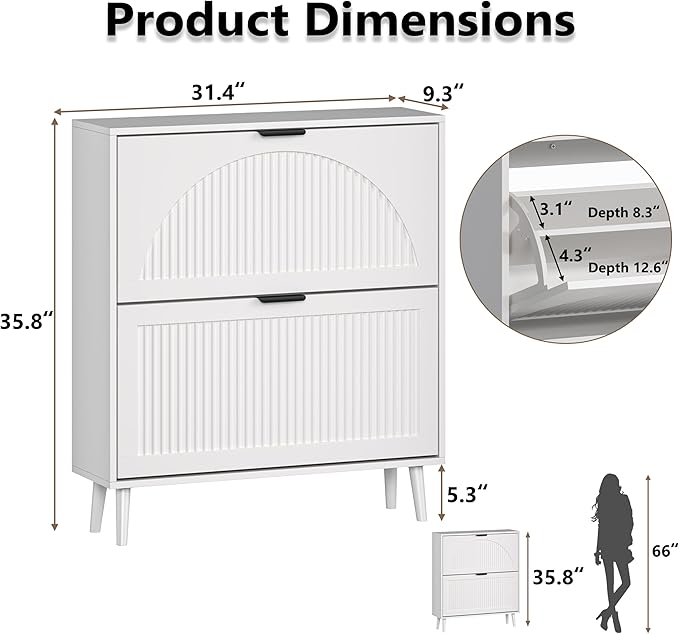 Shoe Cabinet for Entryway with 2 Flip Drawers, Slim Wooden Shoe Storage Organizer with Modern Fluted Pannel，Freestanding Narrow Hidden Shoe Rack for Hallway, Foyer, Living Room