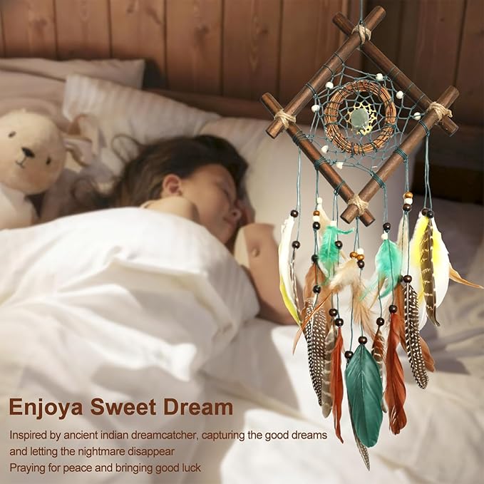 Dream Catcher Native American Boho Dreamcatcher Rattan Wood Wall Decor, Handmade Natural Dream Catchers with Healing Crystal Stone Feathers Ornament Indian Decor for Bedroom Living Room