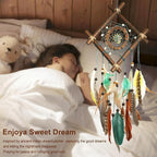 Dream Catcher Native American Boho Dreamcatcher Rattan Wood Wall Decor, Handmade Natural Dream Catchers with Healing Crystal Stone Feathers Ornament Indian Decor for Bedroom Living Room