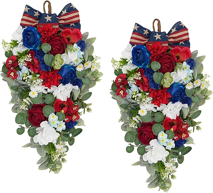 Idyllic 2 Pcs Red White and Blue Floral Swag with Roses, Hydrangea & Daisies | Patriotic Hanging Door Decor for 4th of July Memorial Day Front Door