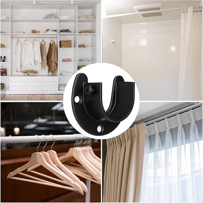 10 Pack Stainless Steel Closet Rod Bracket, 1-1/4 Inch Closet Rod Holder, Heavy Duty Closets Rods Support Brackets, U Shaped Closets Pole Sockets Flange Rods Holder for Curtain Rodd (Black)