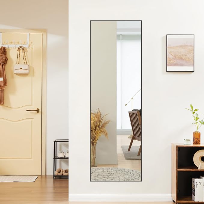 DUMOS 16"x59" Full Length Mirror with Stand, Floor Standing Aluminum Frame, Shatter-Proof Nano Glass for Bedroom, Living Room, Cloakroom – Modern Simple Home Decor,Can Be Hanging or Leaning, Black
