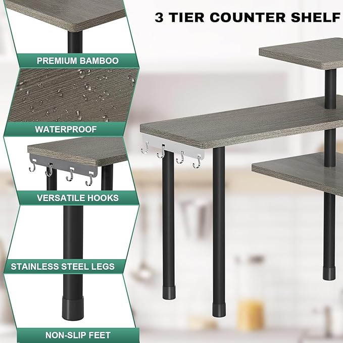 ZHWS Kitchen Countertop Organizer, Bathroom Counter Organizer, Adjustable 3 Tier Corner Shelf with 4 Metal Hooks for Counter Organize, Spice Rack, Makeups, Coffee Station Bookshelf (Rustic Grey)