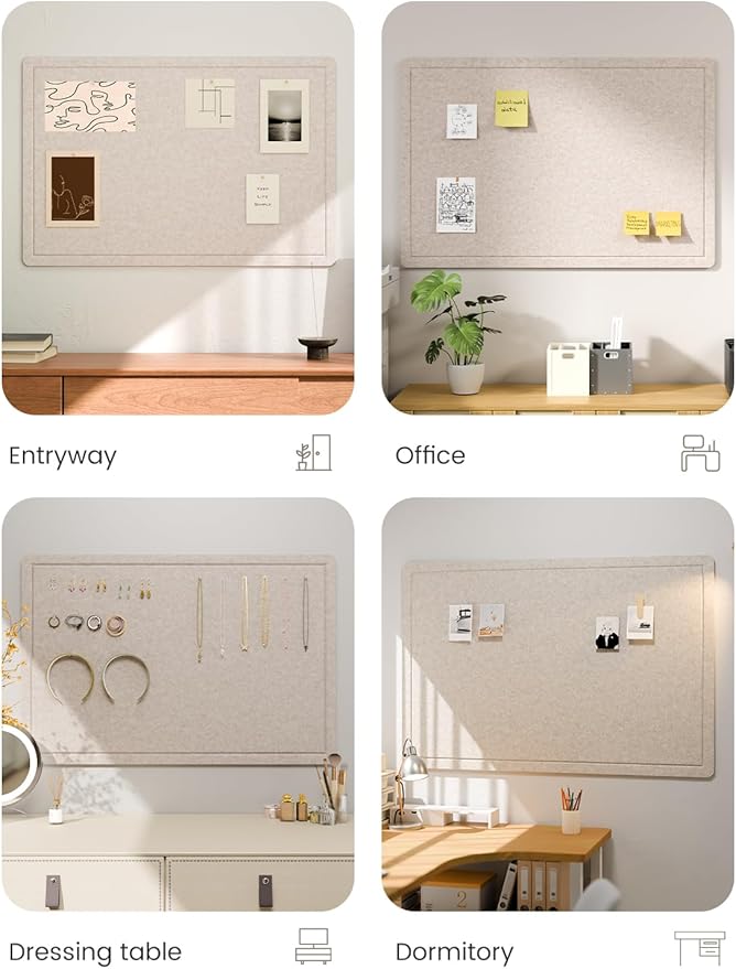 Fluxynara Bulletin Board,35.4" x 23.6" Cork Board Alternative with 12 Safe Removable Adhesive Tabs, Foldable Felt Pin Board for Home Office, Classroom, Bedroom,Entryway for Walls—Oatmeal